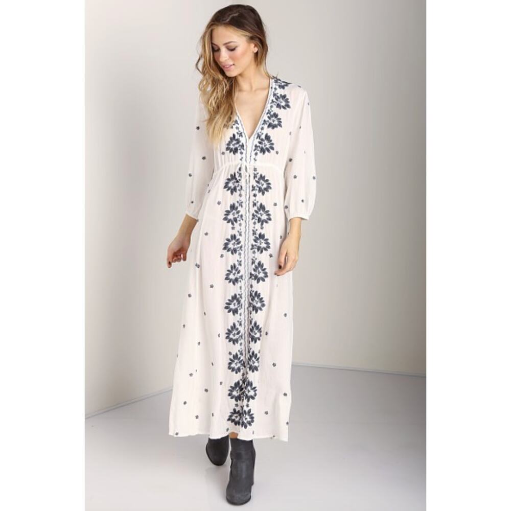 Free People Embroidered Midi Dress White Black V-Neckline 3/4 Sleeve Size S